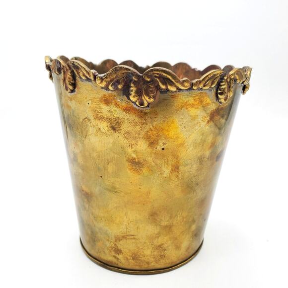 Brass Bucket Scalloped Lip Pail India Stash Storage Planter 5 1/2"h Decor Rustic - Picture 1 of 9